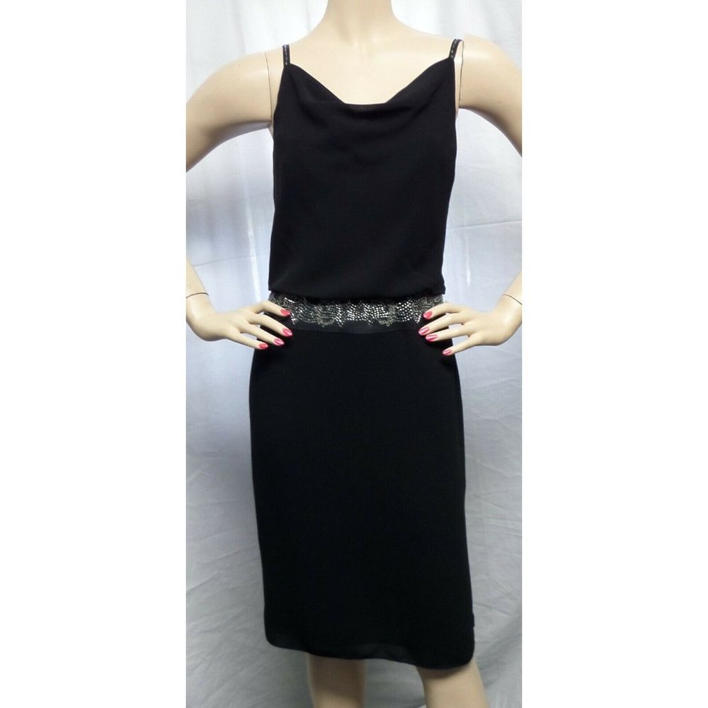 LOFT  BLACK  COWL NECK BEADED WAISTBAND & STRAPS COCKTAIL SHEATH DRESS SIZE: 0